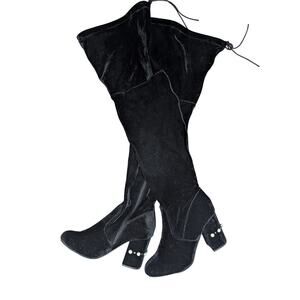 NWOT! JUST FABULOUS! BLACK STRETCH VELVET PEARL STUDDED HEEL OVER KNEE BOOTS! 8M